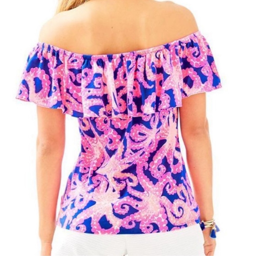 Lilly Pulitzer NWT  XS LA FORTUNA TOP Ikat Blue Mocean Off Shoulder Top